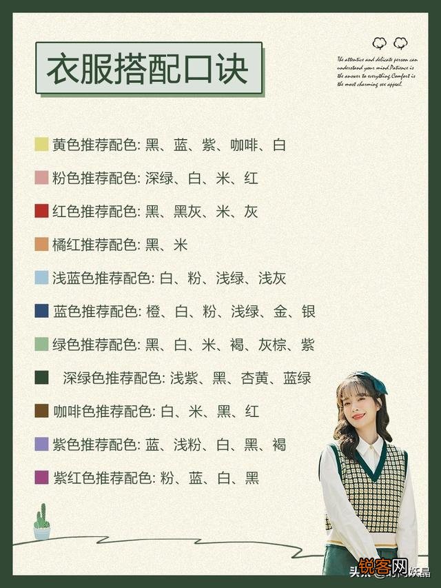 请问有没有服装颜色搭配表？哪几种颜色配在一起舒服？